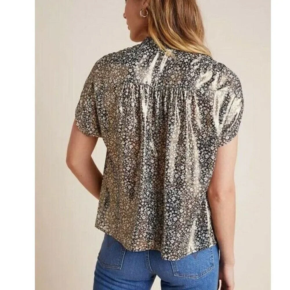 Anthropologie Metallic Top Womens Medium Gold Short Sleeve V-Neck Floral Blouse
